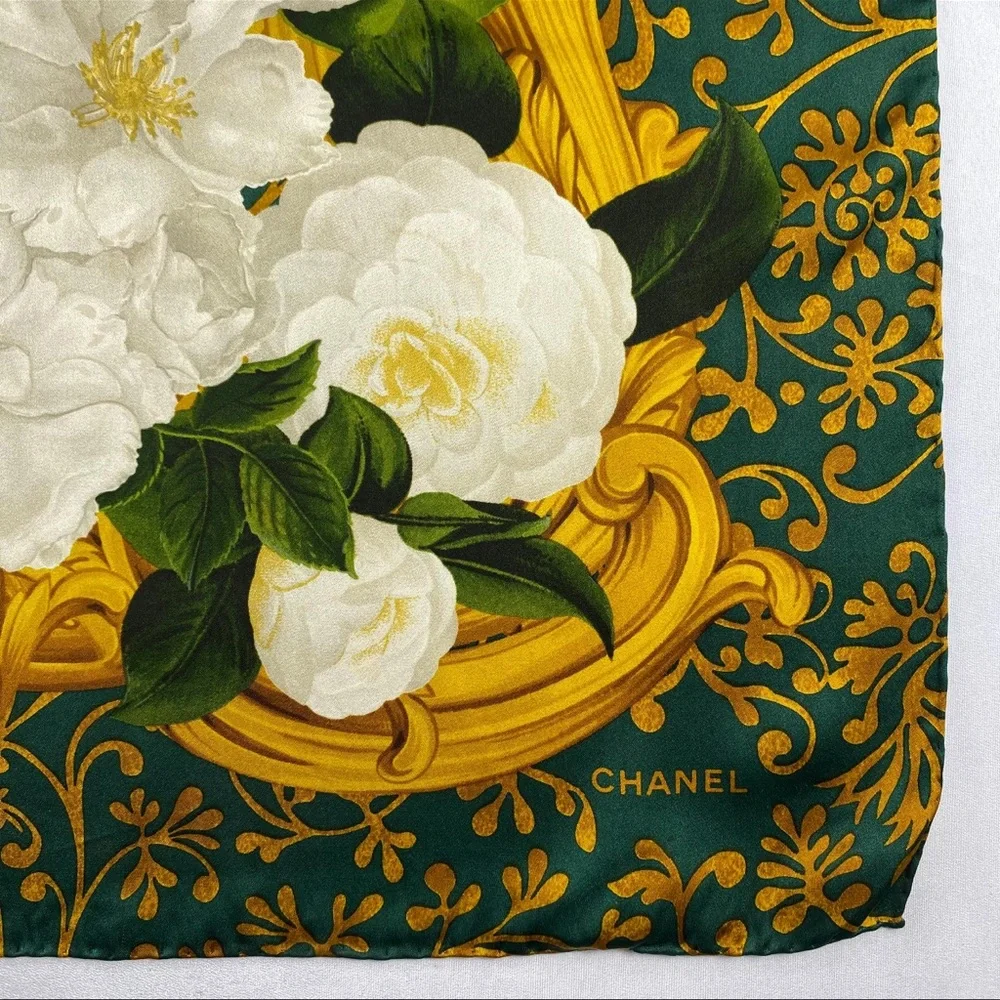 CHANEL Large Green and Gold Floral Silk Scarf